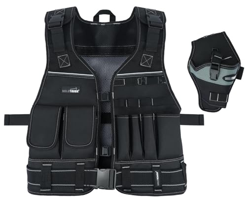 MELOTOUGH Electrician Tool Vest with Drill Holster, Adjustable Utility Tool Vest with Multi-Pocket Storage, Detachable 2 Inch Wide Belt, Reflective Strips for Men Construction, Handyman (Black)