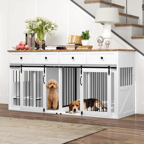Wlince 71” Große Hundebox für 1 oder 2 Hunde mit Schiebetür, robuste Hundebox für kleine bis mittelgroße Hunde mit 4 Futternäpfen, Hundekäfig mit Stahlrahmen, Weiß