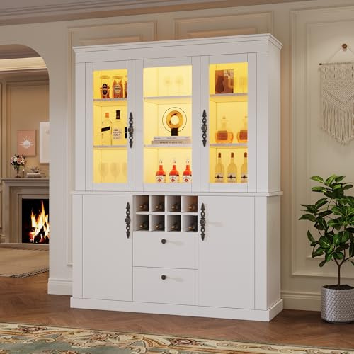 Oxtao Vetrina 130 x 37,5 x 170,5 cm, vetrina con 2 cassetti, 4 ante, vetrina in vetro con LED, armadio multifunzione con 8 scaffalature, per soggiorno e sala da pranzo, colore: bianco
