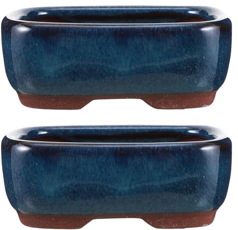 CALLARON Maceta de Cerámica para Bonsái 2 Piezas, Macetas Decorativas Rectangulares Bordes Redondeados, Macetero Ventilado para Suculentas y Plantas de Interior, para Balcón y Escritorio