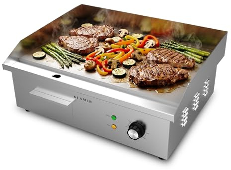 KLAMER Elektrogrill Edelstahl 3000W, XL Grillplatte 54,5x38,5 cm Tischgrill | Elektrisch 50–300°C, massive Eisengrillplatte für mehrere Portionen gleichzeitig, mit Spritzschutz und Auffangbehälter