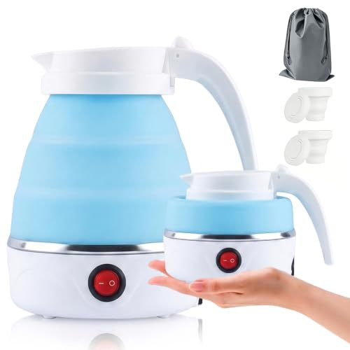 Sifxouped Faltbarer Wasserkocher 0,6L, 750W Reisewasserkocher | mit Edelstahlboden, Silikon Camping Teekocher mit automatischer Abschaltung, Tragbar für Outdoor Wandern, Mehrfarbig