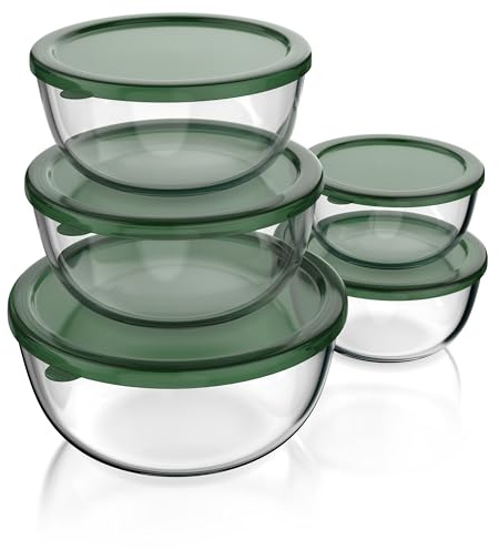 Arendo - Salatschüssel aus Glas mit Deckel - Glasschüssel 5er Set - 1000ml + 1500ml + 2000ml + 2700ml + 4400ml – Rührschüsseln klein bis groß – Borosilikatglas - Glasschale Salatglasschale