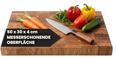 Premium Stirnholz Schneidebrett Eiche massiv und stabil 50 x 30 x 4 cm | 50 x 30 x 4 cm, Messerschonend, Robuste Stirnholzfläche, Rutschfest durch hohes Gewicht, Langlebig Massivholz