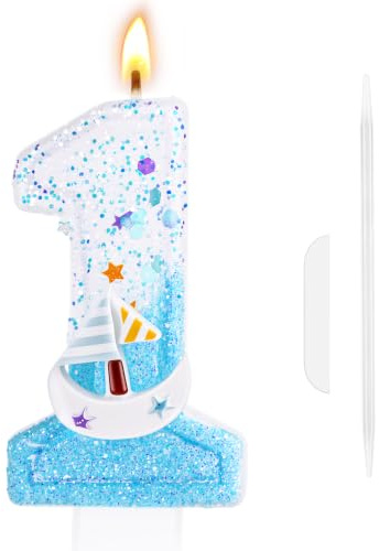 AYBUY Velas de cumpleaños número 1, 3D Velero del Océano Azul | Velas de Pastel de Cumpleaños, Birthdays Glitter Number Candle, decoración de fiesta temática de pastel de vela celebraciones