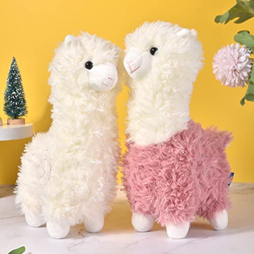 Morwealth Alpaka Stofftier Plüschtier, 2pcs 11inch Alpaka Kuscheltier Lama Kuscheltier Alpaka Plüsch für Puppe Präsent Baby (Weiß und Rosa)