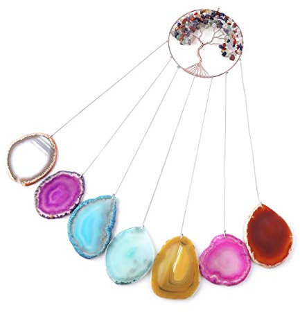 Mogokoyo 7 Chakra Windspiel aus natürlich Achat Scheiben Lebensbaum Kristall zum Aufhängen Windspiele für Garten draußen Innen Dekoration