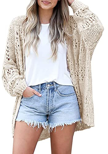 Mafulus Women's Crochet Cardigan Kimono Boho Long Sleeve Lightweight Soft Oversized Open Front Knitted Sweater