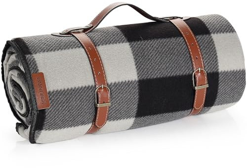 ACTIVE FOREVER Picnic Blanket Portable, 200x200CM Extra Large Waterproof Picnic Mats with Carrying Handle, Outdoor Multipurpose Rugs for Camping, Travel, Park, Beach, Garden, Black Gray Plaid