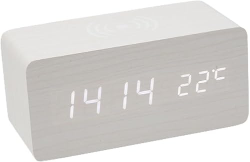 Wecker Digitale Tischuhr, LED Holz Wecker Digital Wecker Multifunktionale USB Power Tischuhr Alarm Clock mit Alarmeinstellungen/Temperatur/Zeitanzeige Dekoration Alarm(Weißes Holz + weißes Licht)
