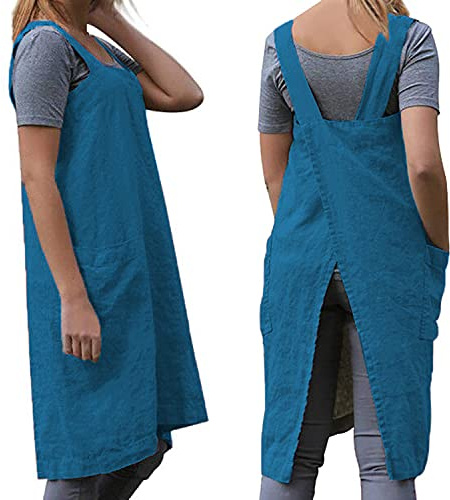 WROLEM Women's Cross Back Pinafore Apron with Large Pockets Home Kitchen, Restaurant, Coffee house,Cooking Gardening Works