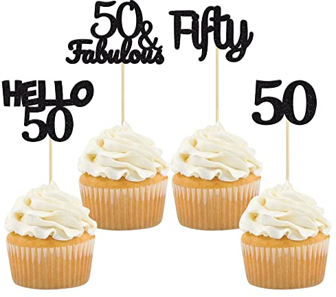 Gyufise 24Pcs Black Glitter 50th Birthday Cupcake Toppers 50 & Fabulous Cake Decorations Hello 50 Fifty Cupcake Picks 50th Birthday Cake Decorations Supplies