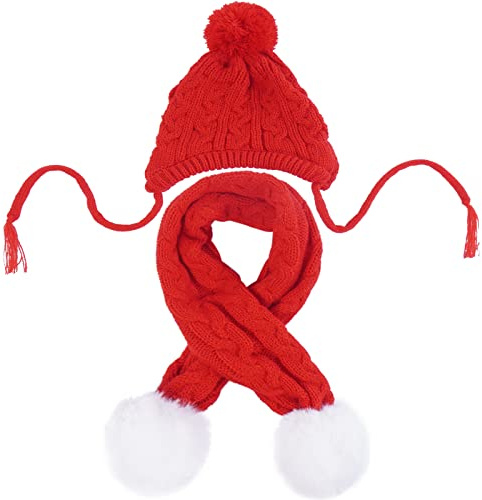 Kuoser Hunde Mütze & Schal Set,Mütze für Hunde Winter,Hund Strickmütze,Rot | Warme Hundemütze Winter, Weihnachts-Hundemütze mit niedlichem Schal-Kostüm als Party Dekoration für kleine, mittelgroße Hunde