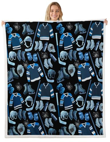 Erosebridal Ice Hockey Flannel Blanket Boys Teens Puck Sherpa Blanket for Kids Boys Girls Sports Games Theme Decor Soft Warm Throw Blanket Cartoon Plush Blanket, Blue Black 40x50