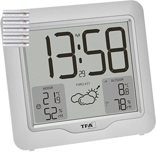 TFA Dostmann Metro Plus 35.1164.02 Station météo numérique sans fil avec émetteur extérieur, température et humidité, prévisions météorologiques, grand écran, horloge radio-pilotée, blanche avec piles