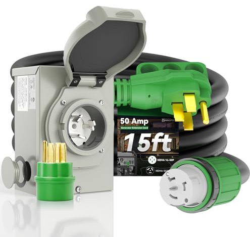 RVINGPRO 50 Amp Generator Cord 15FT and Power Inlet Box, Pre-Drilled 50 Amp Generator Inlet Box with Cord, NEMA 14-50P to SS2-50R Generator Cord Waterproof Combo Kit, ETL Listed