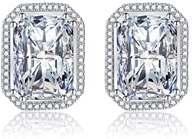 Shuxin Sterling Silver Stud Earrings for Women, Silver Rectangle Cubic Zirconia Stud Earrings, Big Clear Faux Crystal Diamond Gemstone Studs Earrings, Bridal Earrings for Brides Bridesmaids Wedding