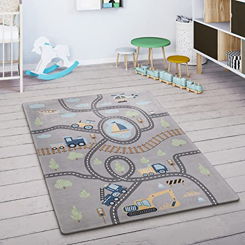 Paco Home Spielmatte Teppich Kinderzimmer Kinderteppich Junge Mädchen Straßenteppich Spielteppich rutschfest Auto Grau Grün Blau, Grösse:155x230 cm