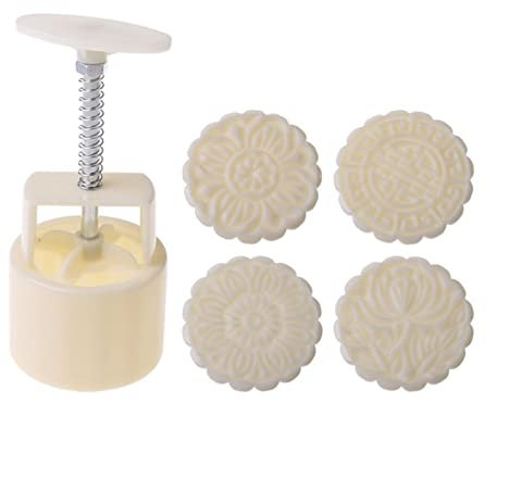 JKUHA Mooncake Mold 100g with 4pcs Flowers Stamps Round Barrel Hand Press Moon Cake Mould DIY Bakware Pastry Tool