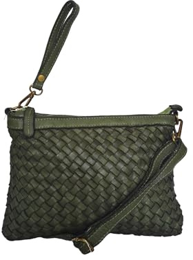 zarolo Leder Umhängetasche mit Handgelenkschlaufe, Leder Clutch geflochten,Damen Schultertasche klein, Cross body Tasche geflochten Z2141, Umhängetasche in USED Look Italienische Handarbeit