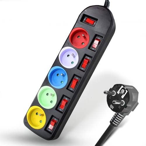 FISHTEC - Multiprises Electriques 5 Prises Couleurs - Câble 1,5m - Bloc Multiprise Interrupteur Général + pour Chaque Sortie - Stickers Inclus - Noir Multicouleur