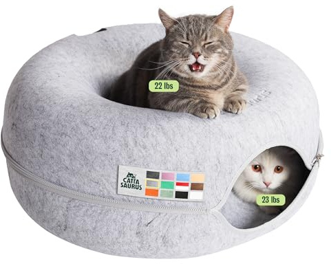 Cattasaurus Peekaboo Cat Cave Donut for Multiple & Large Cats up to 30-45 lbs, 3-in-1 Self Warming Cat Bed, Tunnel & Scratcher for Indoor Cats, Washable & Detachable Small Dog Bed (Light Gray, Large)