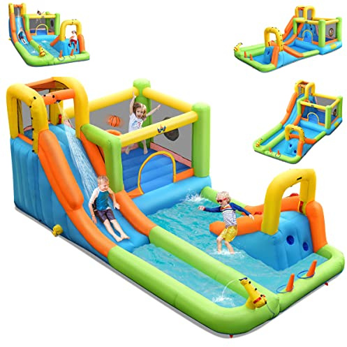 COSTWAY Château Gonflable 8 en 1 avec 2 Toboggans, Parc Aquatique avec Maison de Saut, Mur d'escalade, Panier de Basket, Sac de Transport, Charge 135kg pour 3 Enfants de 3-10 Ans (sans souffleur)