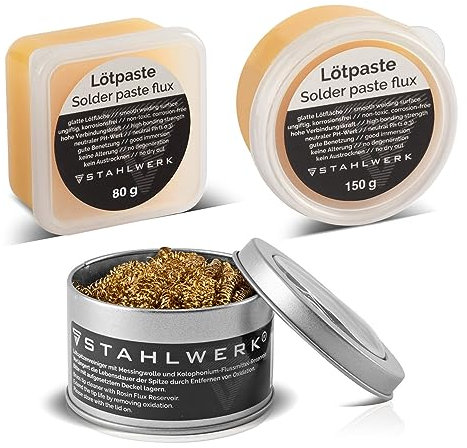 STAHLWERK Set di accessori per saldatura con pulitore per punte di saldatore | pasta saldante 80 g | pasta saldante 150 g