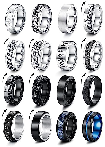 MILACOLATO 16 Stück Edelstahl Fidget Ring Spinner Ring Edelstahl Spinner Ringe für Zappeln für Damen Hochzeitsversprechen Schwarze Bandringe Coole Schwarze Ringe für Männer 52-70