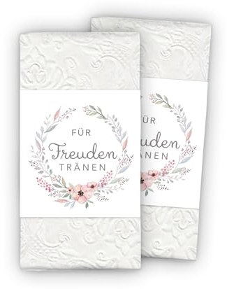 50 Freudentränen Banderolen + Klebepunkte zum verschließen - Pastell Blüten rosa weiß - Für Taschentuch Gastgeschenke Hochzeit & Taufe Kirche Trauung Kommunion