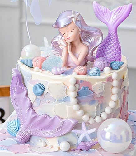 JeVenis Purple Little Mermaid Cake Topper Under the Sea Cake Decoration | Purple Little Mermaid Cake Topper Under the Sea Cake Decoration Seashell Sea Star Cake Topper Mermaid Tail Party Supplies