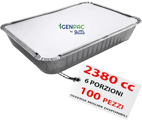 GM – 100 Contenitori Alluminio 6 Porzioni 2380 cc con 100 Coperchi Alluminizzati, Vaschette Extra Capienti Ideali per Forno, Congelamento, Gastronomia, Catering e Asporto Professionale