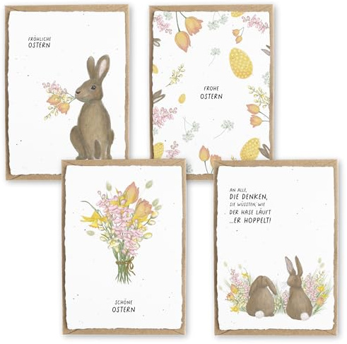hey little green Einpflanzbare Osterkarten 4er-Set | Karten aus handgemachtem Saatpapier als Ostergeschenk | mit Kraftpapier-Briefumschlägen | Nachhaltige Karten zu Ostern mit Blumensamen