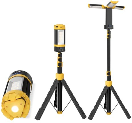 LHOTSE Luz de camping recargable con soporte, 83 pulgadas de alto, portátil, 3000 lúmenes, luz de trabajo inalámbrica con 3 lámparas LED y trípode desmontable, batería de 9 AH, luz de trabajo LED