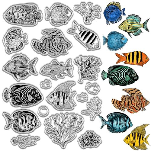 CRASPIRE Transparente Stempel mit tropischen Fischen, Meerestiere, wiederverwendbar, Poststempel, transparente Silikonstempel, Siegel für Journaling, Kartenherstellung, Dekoration, DIY, Scrapbooking,