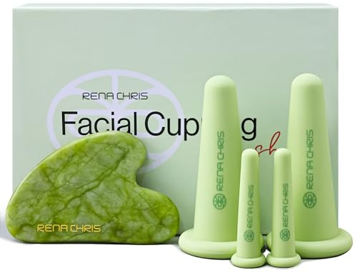 Rena Chris Set de Ventosas Faciales & Gua Sha Herramienta-Ventosas de Silicona & Piedra GuaSha de Jade, Para Cuidado Natural de la Piel, Desinflamar y Volumen de Labios (Verde)