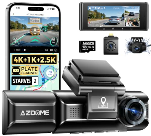 AZDOME 4K Dashcam Auto Vorne Hinten Innen, 3 Kanal 4K+1080P+2.5K Autokamera | mit 64GB SD Karte,GPS, Dual STARVIS, IR Nachtsicht, WDR, 24H Parküberwachung, G-Sensor, M550 MAX