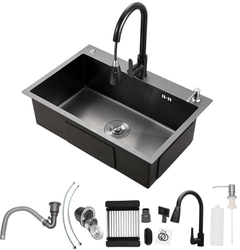 Dnkelar Küchenspüle Schwarz 68x45cm, Küchenspüle aus Edelstahl, 1 Becken Einbauspüle, mit Seifenspender+Ablauf-Set+Wasserhahn+Ablaufgestell, Kitchen Sink (Schwarz)