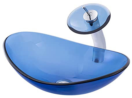 Blaues Badezimmer-Waschbecken, 21-Zoll-Waschbecken über der Theke, kunstvolles Glas-Waschbecken in Bootsform, Waschbecken mit Wasserfall-Wasserhahn und Pop-up-Ablauf-Kombination