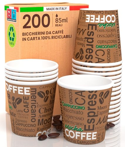 Eurocali 200 Bicchierini in Carta per Caffè 85ml Brown Mocha Ecologici Biodegradabili Monouso Piccoli per Asporto Bevande Calde Bicchieri Made in Italy - Prodotto e Confezionato in Italia