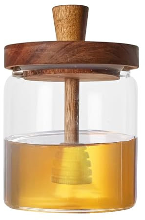 Generico Barattolo di miele, barattolo di miele in vetro - Vasi per miele con coperchio in legno - Vasetti per miele in vetro da 500 ml. Contenitore per miele, contenitore per miele, per dolci da bar