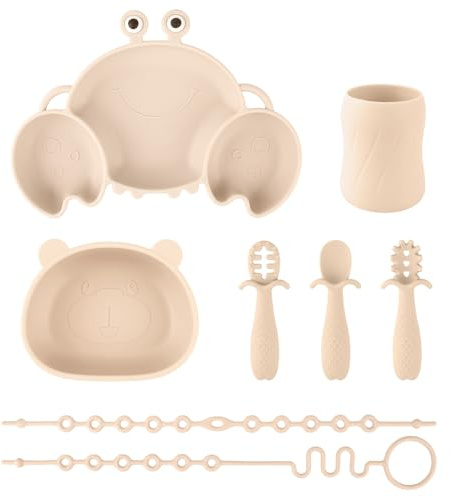 Qshare Ensemble de sevrage pour bébé, assiettes à ventouses, sets de table antidérapants pour tout-petits, assiettes à ventouse sans BPA, cuillères et bavoirs pour bébés, tout-petits et enfants