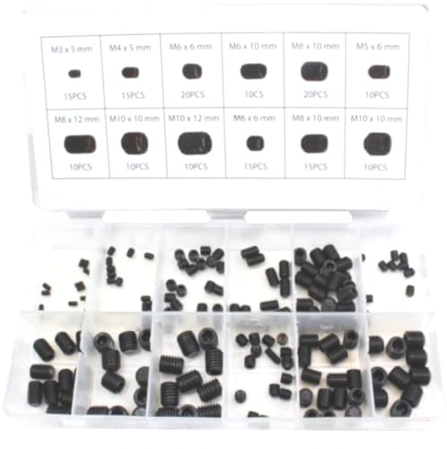 SIO 160 Tornillos Prisioneros Allen sin Cabeza – Surtido Espárragos Métricos Acero Alta Resistencia – Set Tornillos Grub Screw para Fijación Mecánica, Taller, Automoción y Bricolaje - Espárragos Allen