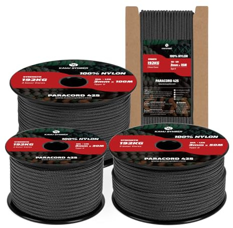 Kamu Synber Paracord 3mm x 30m 100% Nylon Cuerda Paracord 425 Tipo II 3 Hebras Cuerda Resistente para Todo Uso, Exterior, Bricolaje | Soporta 192kg | Negro
