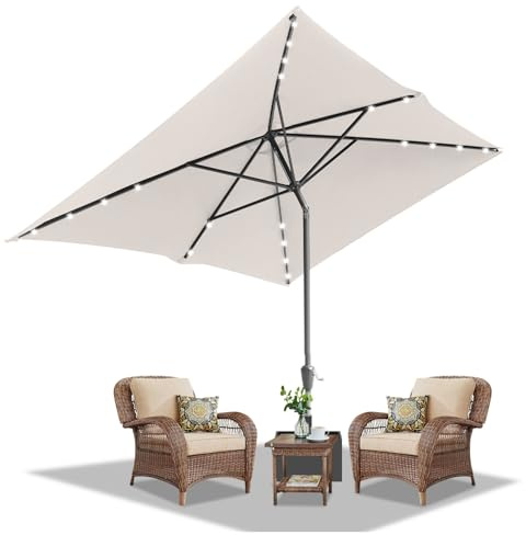 Daromigo Sonnenschirm Rechteckig LED Solar 300 x 200 cm Beige mit Kurbel | Ampelschirm Sonnenschutz UV50+, 30° knickbar, Gartenschirm Terrassenschirm wasserdicht für Garten, ohne Ständer