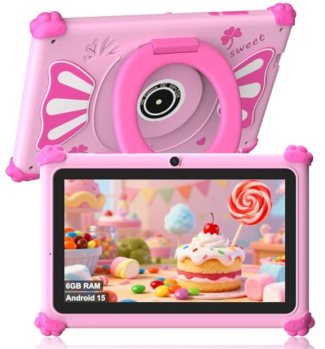 ascrecem Tablette Enfants 7 Pouces Android 15 Tablette pour Enfant avec 2.4G+5G WiFi6 Penta Core 6Go RAM 32Go ROM Double Caméra 128Go Extension Tablet Tactile Éducative Contrôle Parental (Rose)