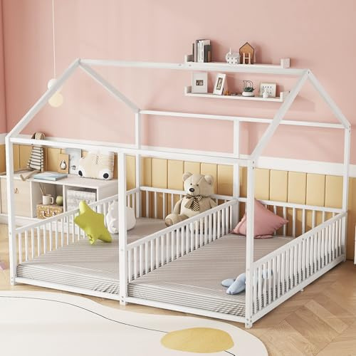 TOBIDOEN Letto per bambini 90 x 200 cm Due letti da 90 cm con protezione anticaduta, Letto a casa Letto a pavimento Letto gemellare con design a forma di casa, Letto per bambini Telaio in ferro