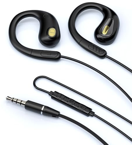 fesoklaf Auriculares de oreja abierta con cable de 3,5 mm con ganchos para las orejas, auriculares para correr con micrófono y control en línea, conducción de aire, auriculares estéreo con cable para