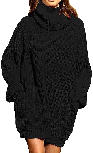 Pink Queen Damen Strickpullover Oversize Pulloverkleid Rollkragen Lose Taschen Langarm Lässig Longpullover Schwarz M