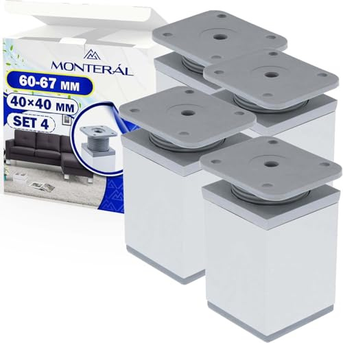 4x Cromo Patas Muebles Regulable 60mm Extienden Hasta 67mm Perfil 40x40mm | Ajustables Patas Mueble de Color Cromo Fabricada en Aluminio - Garantía de 10 Años - MONTERAL